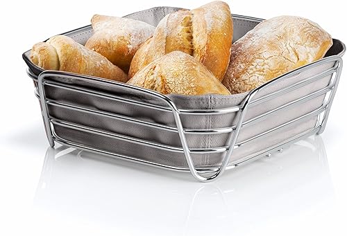 Blomus - Corbeille à pain en acier chromé et sac en tissu de coton, 26 x 26 x 9 cm - Nail Gallerys