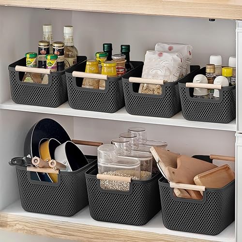 OSTWOLKE Lot de 6 boîtes de rangement en plastique noir - Sans couvercle - Respirantes - Avec poignées en bois massif - Pour salle de bain et cuisine - Nail Gallerys