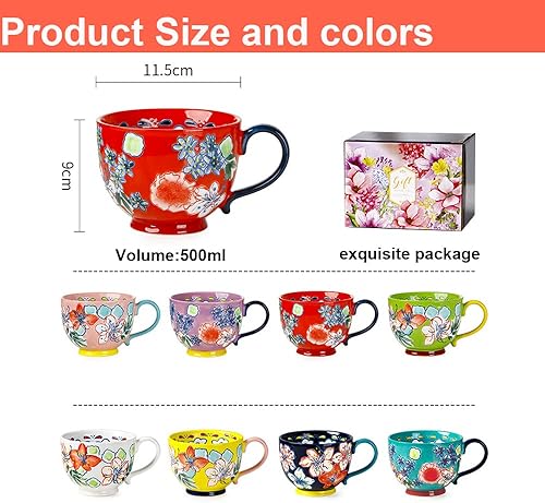 Ensemble de tasses à café Grandes tasses en céramique à motif floral peintes à la main 15 OZ Grande tasse pour lait, café au lait, cappuccino, thé, cacao, Noël Fête des mères Saint-Valentin pour - Nail Gallerys