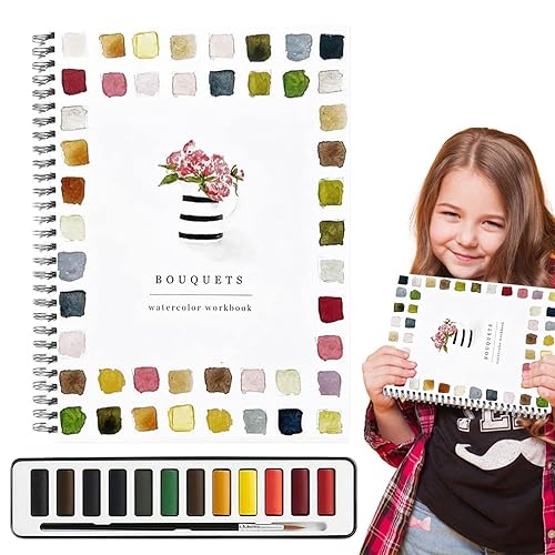 Cahier d'exercices de peinture aquarelle de 12 couleurs pour débutants, enfants et adultes, livre d'aquarelle avec peinture et pinceau, livre de travail de peinture (bouquet) - Nail Gallerys