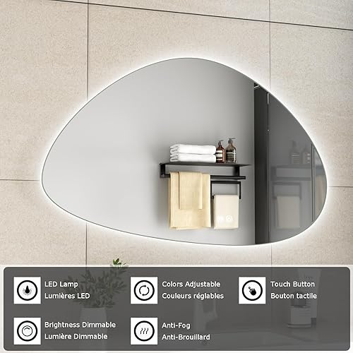 Erfu Miroir LED Anti-Buée - Design Organique Asymétrique Miroir de Salle de Bain Tactile (B100xH60cm) - Nail Gallerys