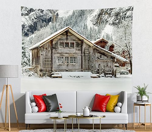 CORFOTO 210x150cm Hiver Tapisserie Scène forestière arrière - plan Snow Mountain Pine Wood House Art mural Chambre, salon, collège, dortoir, décoration familiale Art du mur de neige - Nail Gallerys