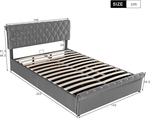 Lit capitonné, 140 x 190 cm, moderne, espace de rangement, rembourré, avec tête de lit réglable en hauteur, pour adultes et adolescents, support des lattes en bois, velours flocon de neige - Nail Gallerys