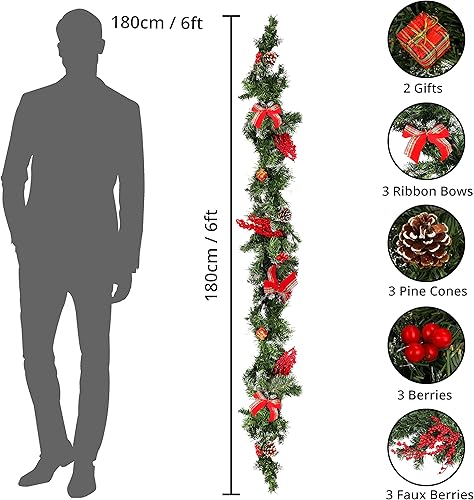 Belle Vous Guirlande de Pin Vert de Noël - 1,8 m - Guirlande Noel avec Pommes de Pin, Poinsettia, Boules, Baies et Nœuds Dorés - Guirlande de Noel de Décoration Intérieure et de Mariage - Nail Gallerys