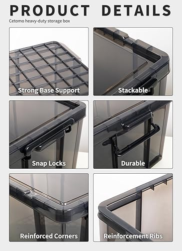 Cetomo 50L*3 Boîtes de rangement, boîte empilable avec couvercles, contenant robuste avec coins renforcés, côtés verticaux et verrouillage à pression, durable, en plastique, Noir clair,50L - lot de 3 - Nail Gallerys