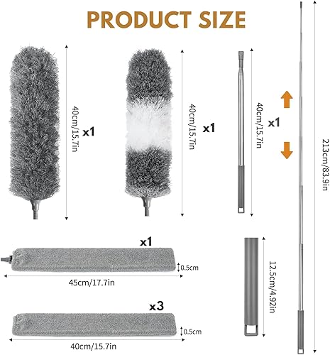 Wusboo Plumeau Poussière 8 Pièces Lavable, 2 Tête de Loup Télescopique Duster Telescópico avec Manche 253 cm, Nettoyeur Rétractable pour Fentes avec 4 Chiffons Remplaçables pour Plafonds et Fissures - Nail Gallerys