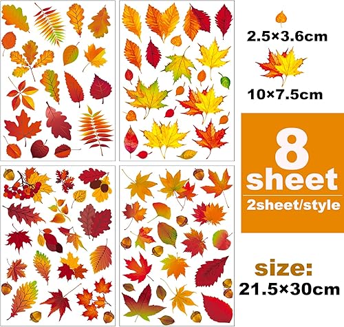 8 Feuilles Autocollants Fenêtre Automne + Environ 100PCS Feuilles d'Erable Artificielles Automne Bricolage Stickers Statique pour Décoration Automne Jardin Fenêtre Fête Carnaval - Nail Gallerys