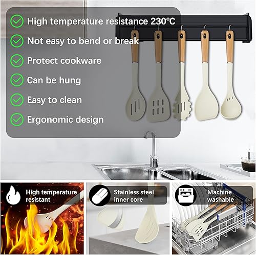 BASVII Ustensiles de Cuisine Silicone, 10 Pièces Set Ustensile Cuisine Fabriqué en Silicone et Manche Bois, Résistants 250 °C, pour Frire Sauter Mijoter, avec 5 Crochets, Protège Poêles Antiadhésives - Nail Gallerys
