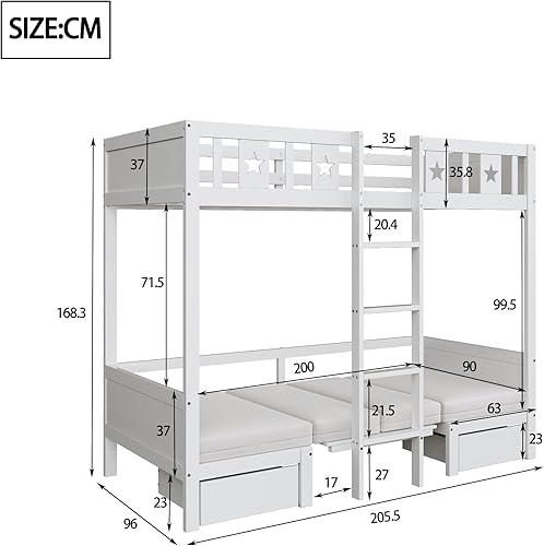 Lit Superposé Enfant 90x200 avec Bureau et Barrière, Mezzanine 1 Place avec Escalier, Cadre de Lit Blanc - Nail Gallerys
