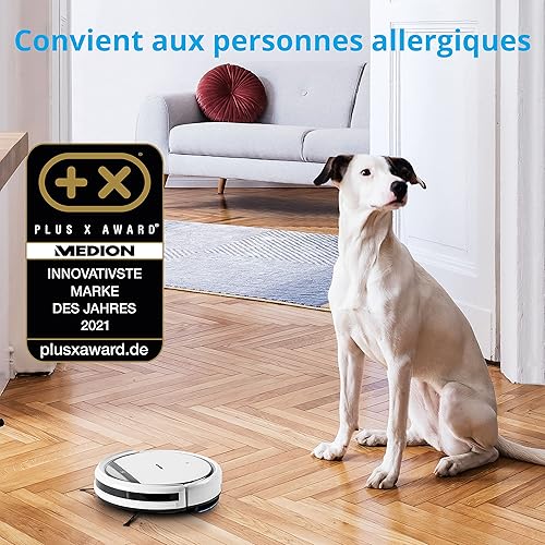 MEDION E32 SW Robot Aspirateur Laveur avec Station et télécommande (2 en 1, 120min d'Autonomie, détection de Meubles et d'escalier, Idéal pour Les Poils d'animaux, Cheveux, Poussière et Moquettes) - Nail Gallerys