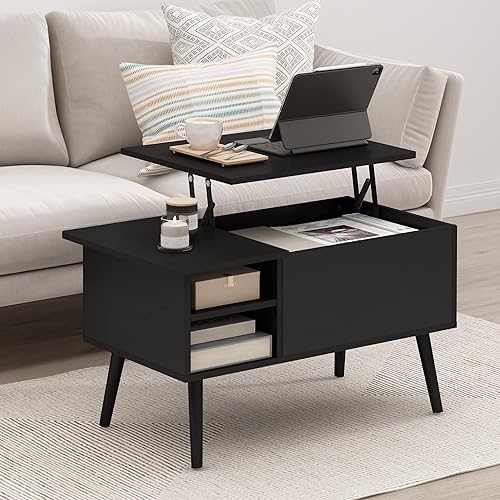 Furinno Jensen Table basse avec plateau relevable avec pieds en bois, compartiment caché et étagère latérale ouverte pour le salon, blanc massif - Nail Gallerys