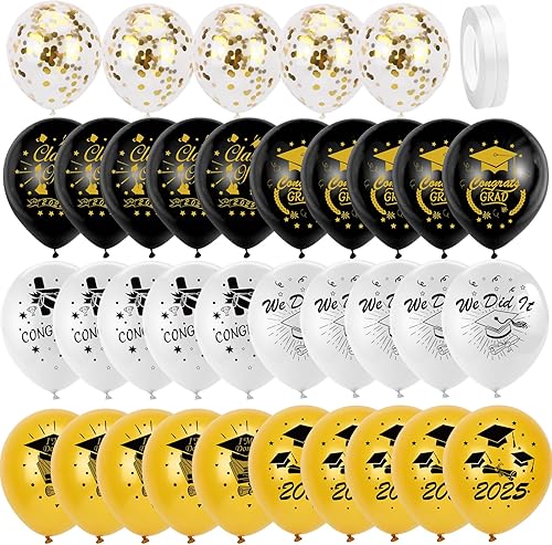 HOWAF 2025 Kit de ballons de remise des diplômes, 35pcs Argent, Noir et Or ballons en latex de graduationen ballon confettis pour décorations de remise des diplômes de Université École Secondaire - Nail Gallerys