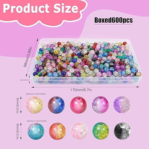 GZhaizhuan 600 Pièces en Boîte Colorées Perles de Verre, 8mm Rondes Perles Craquelées pour DIY Fabrication de Bijoux Collier Bracelet (10 Couleurs) - Nail Gallerys