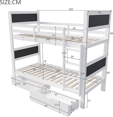 Lit superposé pour enfants, 90 x 200 cm, lits enfants avec tableau et tiroir de rangement, lit divisé en 2 lits simples, avec échelle à trois niveaux et protection anti-chute, pin, blanc (Blanc-01) - Nail Gallerys
