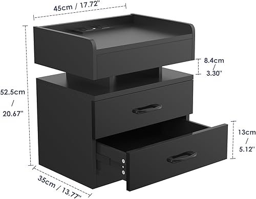 CHOWGOLI Lot de 2 Tables de Chevet LED avec Prise et Fonction de Charge, Table d'appoint avec 2 tiroirs, Grand Espace de Rangement, Stand de Nuit pour Chambre à Coucher, Salon, Table de Chevet - Noir - Nail Gallerys