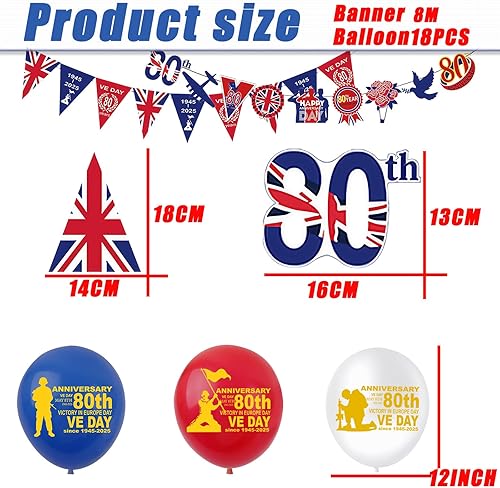 Lot de 20 bannières de ballons VE 80e anniversaire 2025, 18 pièces de 30,5 cm rouge, blanc, bleu, 2 bannières de 80 ans pour la victoire en Europe VE Day 80e anniversaire décorations commémorations - Nail Gallerys