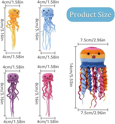 SUNNYCLUE Kit de Crochet Animalier Kit Complet de Crochet pour Débutant Summer Ocean Jellyfish Starter Tutoriels Vidéo Étape par Étape Apprendre à Coudre 3D Farci Amigurumi Tricot pour - Nail Gallerys