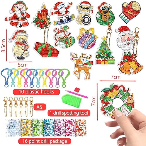 RCVEVCY15 Pièces 5D DIY Diamant Peinture Portes-Clés pour Enfants et Adultes Noël Bricolage 5D Plein Forage Strass Mosaïque Forme Diamond Art Painting Keychain Pendentif pour Sacs Décoration - Nail Gallerys