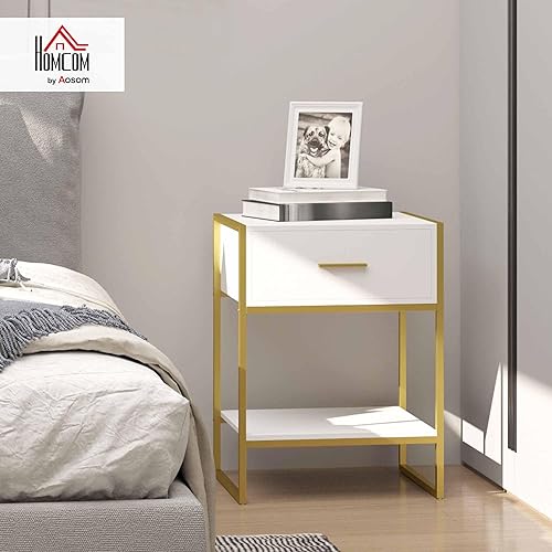 HOMCOM Table de Chevet, Table de Nuit, Table d'appoint, avec tiroir, étagère et poignée, Cadre en Acier, pour Salon, Chambre à Coucher, 45L x 40l x 60H cm, Blanc - Nail Gallerys
