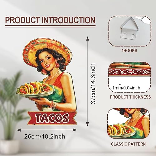 WADORN Taco Lady Vintage Plaque en Métal, Taco Foods Mexicaine Plaque Murale Rétro en Étain Suspendre Décoration pour Cafés Magasins Restaurants Décoration de la Maison, 26x37cm - Nail Gallerys