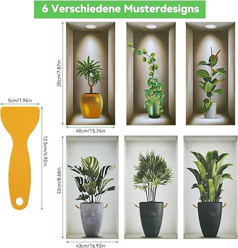Lot de 6 stickers muraux 3D - Plante verte - Amovibles - En PVC - Bonsaï - Plante en pot - Vase - Feuilles vertes - Avec spatule - Pour chambre à coucher, salon, salle à manger - Nail Gallerys