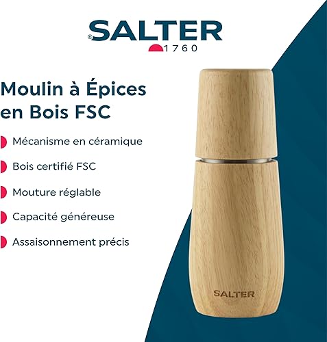 Salter BW13049AEU7 Edith Acacia Moulin à sel - Moulin à épices en bois, bois certifié FSC®, mécanisme de broyage en acier au carbone, mouture réglable de fine à grossière, convient au sel gemme - Nail Gallerys