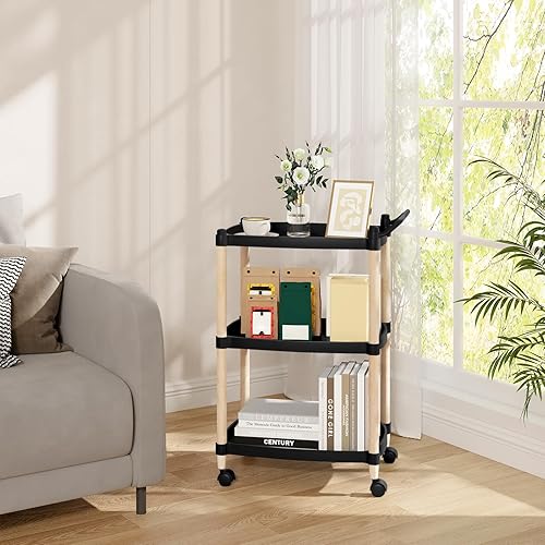 WOLTU Chariot de Cuisine à 3 Niveaux avec Poignée et Freins - Étagère de Rangement Étroite pour Cuisine, Salle de Bain, Chambre - en PP + Bois Massif, Noir - Nail Gallerys