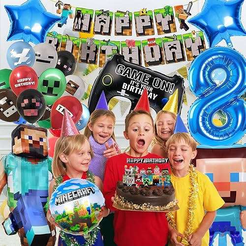Décoration d'anniversaire pour garçon de 8 ans, décoration d'anniversaire pour garçon de 8 ans, avec guirlande Happy Birthday, décoration de gâteau et ballon en aluminium - Nail Gallerys