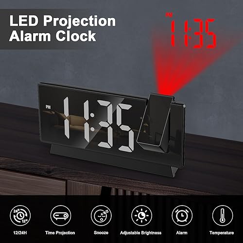 OQIMAX Reveil Projecteur Plafond, Réveil Numérique Projecteur 180°, Réveil Projection avec 4 Niveaux de Luminosité, Température, Date, 12/24H, Snooze, Horloge Miroir LED 8' pour Chambre Bureau - Nail Gallerys