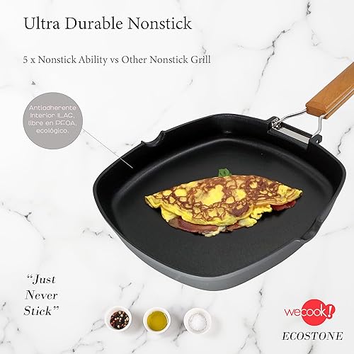 WECOOK! Ecostone Poêle à Griller Induction Lisse, 24 x 24 cm, Antiadhésive ILAG Écologique sans PFOA, Fonte d'Aluminium, Épaisseur 5 mm, Poignée en Bois Pliable, Vitrocéramique, Gaz - Nail Gallerys