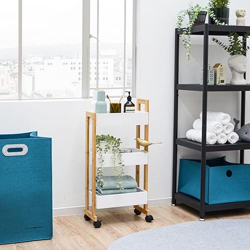 DuneDesign Étagère Roulette en Bambou - 38x20x80 Desserte à Roulette - Meuble Salle de Bain en Bois - Pétite Ètagère Salle de Bain Meuble WC Pétit Chariot Rangement Cuisine Roulette Desserte Roulante - Nail Gallerys