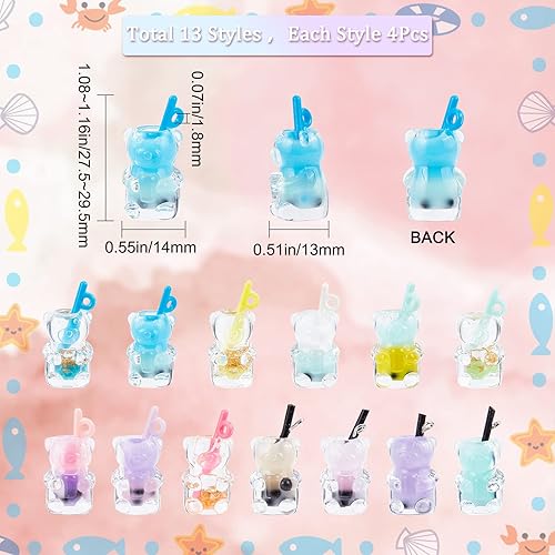 SUNNYCLUE 1 Boîte 52Pcs 13 Styles Boba Tea Charms Thé au Lait Fruit Bubble Tea Charm Résine Ours Animal 3D Imitation Bouteille Charms pour la Fabrication de Bijoux Charms Boucle D'Oreille Collier Brac - Nail Gallerys