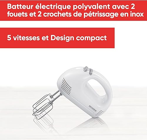 SEVERIN Batteur électrique 200 W, Fouet électrique compact avec 5 vitesses, Batteur mixeur livré avec 2 fouets et 2 crochets de pétrissage en inox, HM 3827 - Nail Gallerys