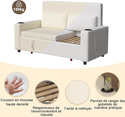 Canapé Convertible - Canapé lit 2 Places Dépliable - Canapé Velours Côtelé avec Accoudoirs - Design Moderne Gain de Place pour Chambre/Salon, Beige - Nail Gallerys