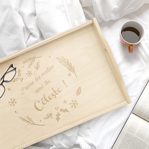 Maverton Table Pliante personnalisée de lit - Plateau de lit avec Gravure - Table en Bois de pin pour Femme - Cadeau de Noël pour Homme - avec poignées Transport - Matins - Nail Gallerys