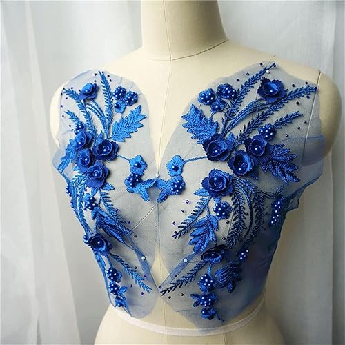 Appliques en tissu à coudre, Appliques de broderie, 2 pièces en dentelle bleu roi avec fleurs 3D, pompons, perles, strass brodés for robe de mariée, DIY - Nail Gallerys