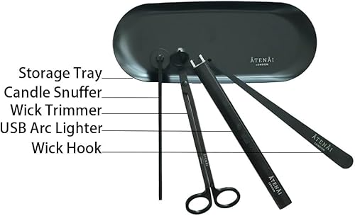Atenai London Kit d'entretien de bougies de luxe 5 pièces | Coupe-mèche, éteincteur, louche, plateau et briquet électrique - Nail Gallerys