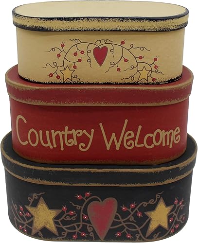 CVHOMEDECO. Lot de 3 boîtes gigognes ovales en carton « country welcome » de la marque Farmhouse - Taille L : 24,7 x 14 x 10,2 cm - Nail Gallerys