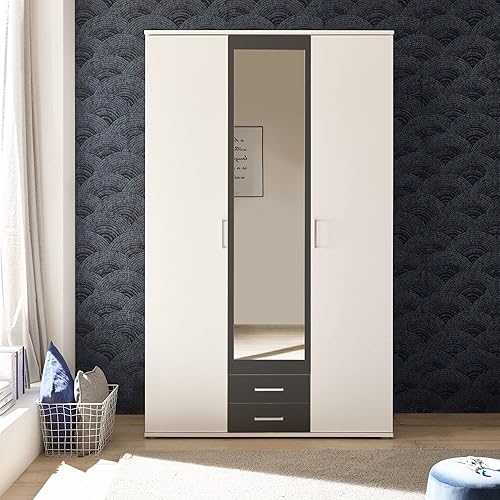 Stella Trading Hanau Armoire Polyvalente pour Chambre, avec 3 Portes Battantes et Miroir, Blanc/Graphite, Dimensions (l x H x P) 120 x 196 x 54 cm - Nail Gallerys