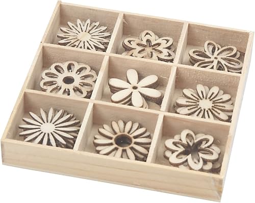 Décorations en bois, dim. 28 mm, fleurs, 45assortis - Nail Gallerys