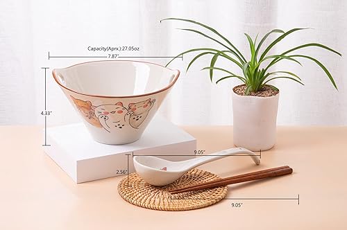 LLDAYU Grand bol à soupe japonais en céramique pour nouilles ramen, 765,4 g, avec cuillère et baguettes assorties pour nouilles asiatiques Udon Soba Pho Passe au lave-vaisselle et au micro-ondes (chat - Nail Gallerys