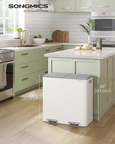 SONGMICS Poubelle de cuisine, 2 x 40 L, avec 15 sacs poubelles, 2 compartiments, seaux intérieurs en plastique et couvercles à charnière, hermétique, blanc et gris ULTB730W80 - Nail Gallerys