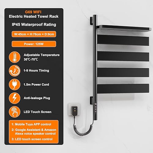Seche Serviette Electrique, Rotation à 180° Seche Serviette avec Support de Rangement, pour Commande Vocale Tactile/APP/WiFi，Porte-Serviettes électrique, Chauffe Serviette Salle de Bain-WiFi Black - Nail Gallerys