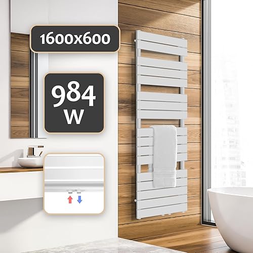 Aquamarin® Sèche-Serviette pour Salle de Bain - Mural, en Acier, Vertical, Connexion Moyenne ou Latérale, Blanc ou Anthracite - Radiateur, Centrale pour Salle de Bain (1500x450 mm, Blanc) - Nail Gallerys