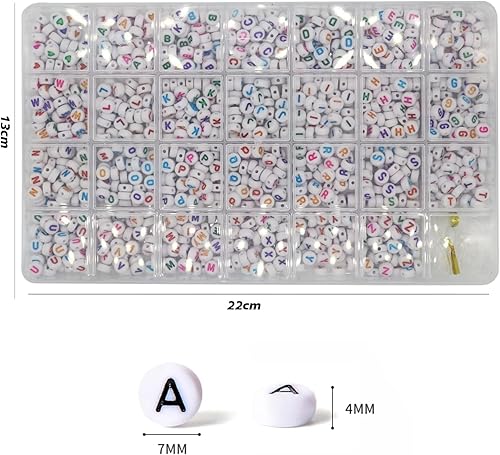 Lot de 1400 perles rondes en acrylique avec lettres de l'alphabet de A à Z et ligne de cristal pour la fabrication de bijoux, bracelets, colliers, porte-clés - Blanc - 4 x 7 mm - Nail Gallerys