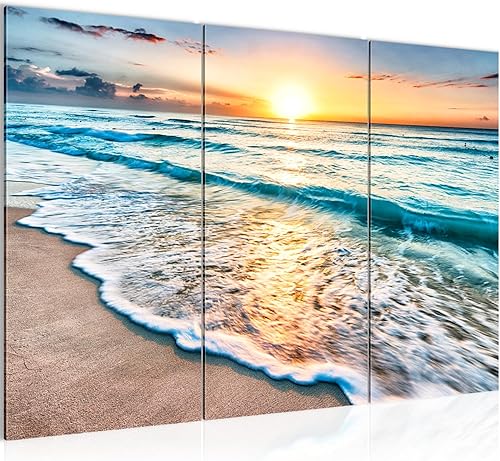 Runa Art Le Coucher Du Soleil Plage Peinture Tableau Salon XXL Beige Bleu Mer 120 x 80 cm 3 Parties Decoration Murale 023731a - Nail Gallerys