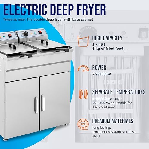 Royal Catering Friteuse Électrique 2 x 16 l Total / 2x 10 l D’Huile, 2 x 6 000 W, Courant Triphasé 400 V, Robinets De Vidange, Double Sur Armoire De Restaurant Avec Robinet Professionnelle Commerciale - Nail Gallerys