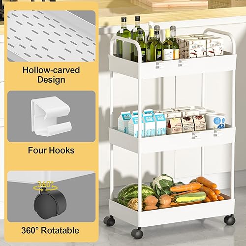Desserte à roulettes 3 Niveaux, Chariot de Rangement Multifonctionnel Chariot Utilitaire Coulissant Chariot Roulant sur roulettes Et Crochets Étagère de Cuisine pour Salle de Bain Buanderie (Blanc) - Nail Gallerys