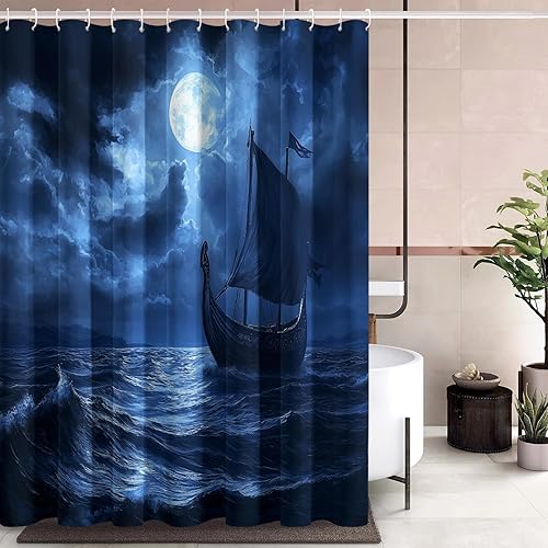 Rideau Douche 120 x 200 Bateau Viking, Rideau de Douche Anti Moisissure Tissu Lavable Impermeable, Motif Bleu Océan Nautique, Decoration Salle de Bain Baignoire, Crochets C&YUX824 - Nail Gallerys
