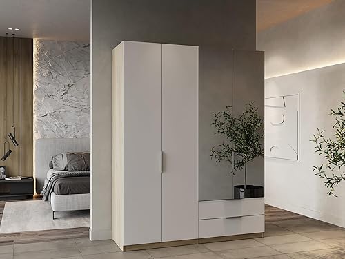 Demeyere Armoire Dressing avec Miroirs & Penderie Moderne 4 Portes 5 Etagères 2 Tiroirs – Coloris Chêne Kronberg & Blanc Mat - 157,3 x 51,1 x 203 cm - Nail Gallerys